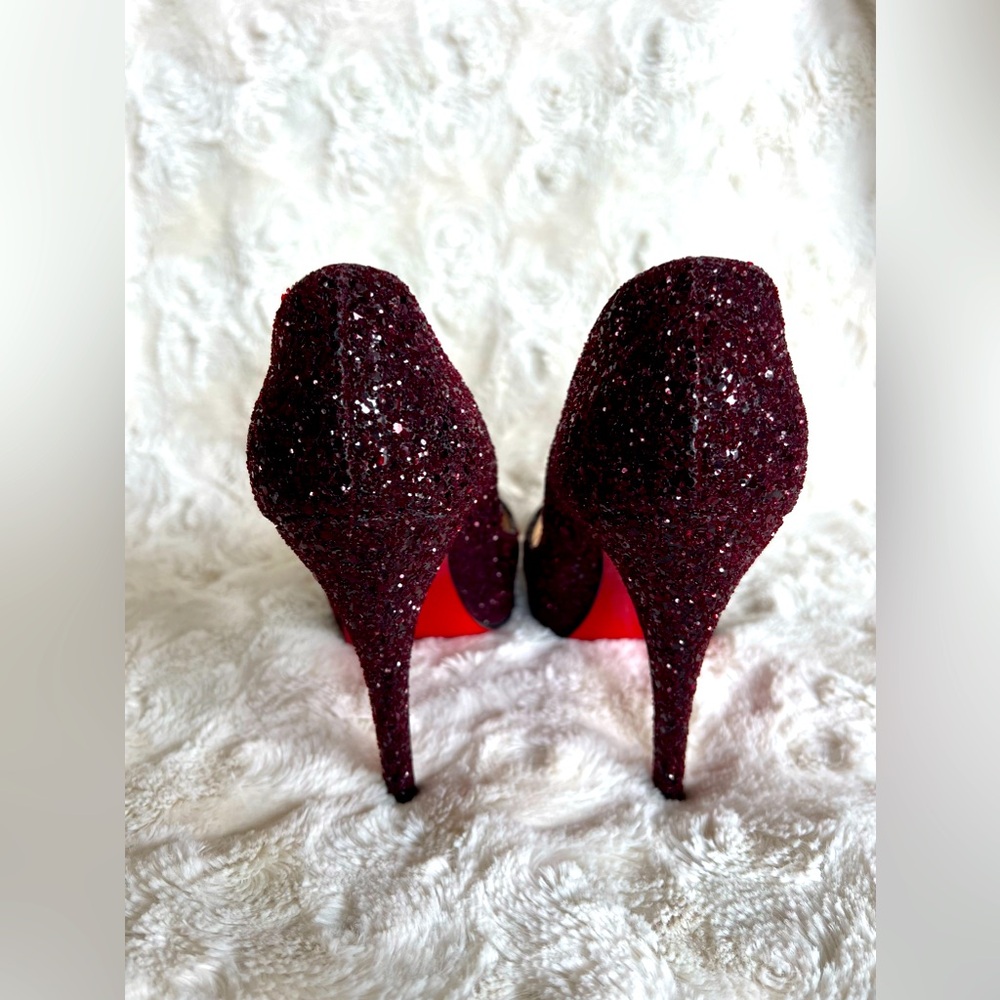 Christian Louboutin Very Prive 120 Burgundy Glitter Peep Toe Heels Size 38 US 8 - Picture 3 of 17